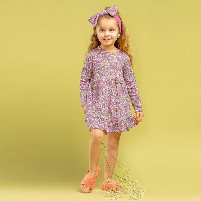 Sukienka dziewczęca z długim rękawem, różowa, Nicol