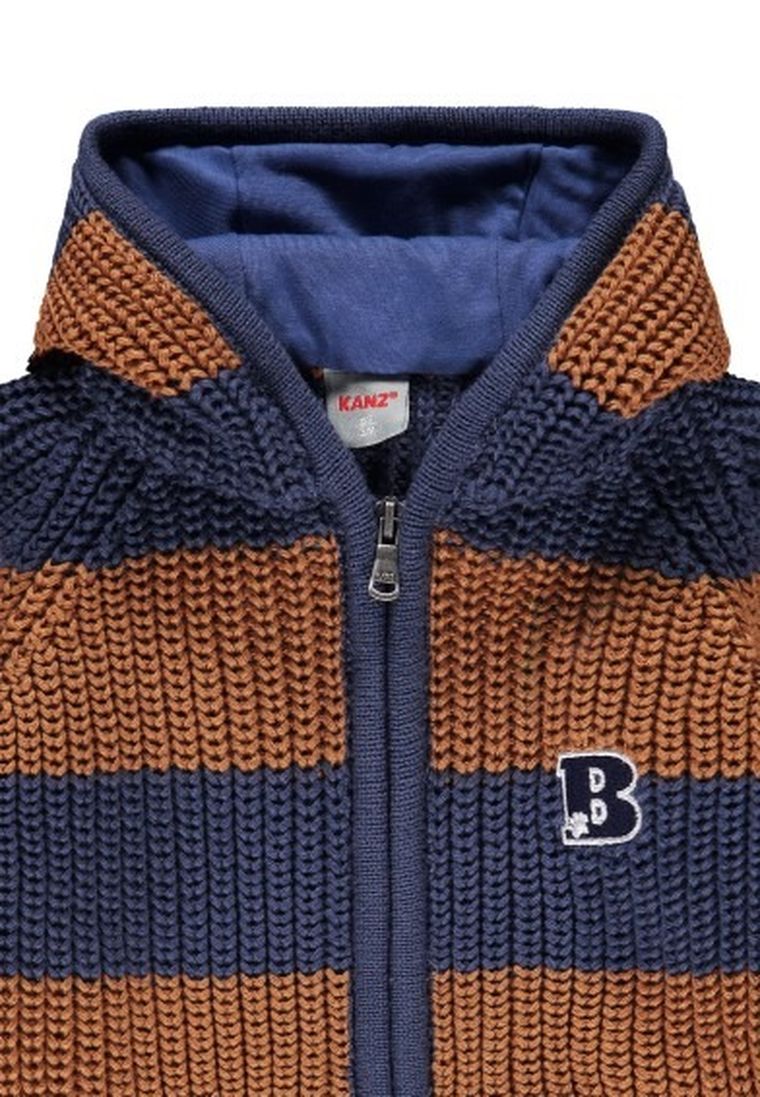 Sweter chłopięcy z kapturem, rozpinany, granatowo-brązowy, pasy, Kanz