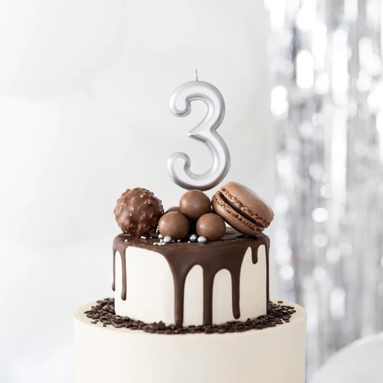 Świeczka urodzinowa, cyfra 3, srebrna, 7 cm