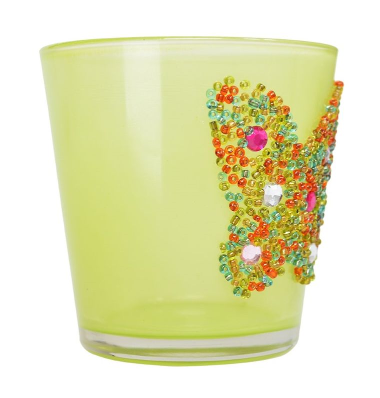 Świecznik szklany, żółty z motylkiem