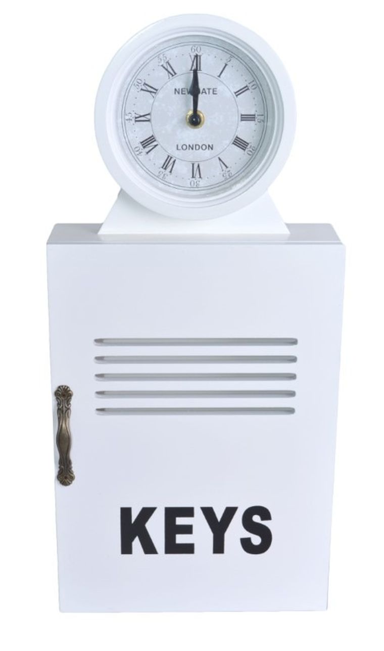 Szafka na klucze, drewniana z zegarem, biała