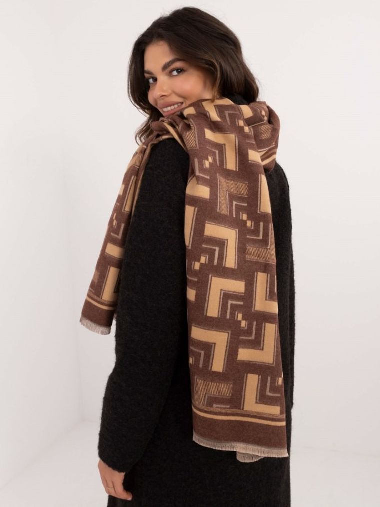 Szalik damski z wełną, brązowy, Italy Moda