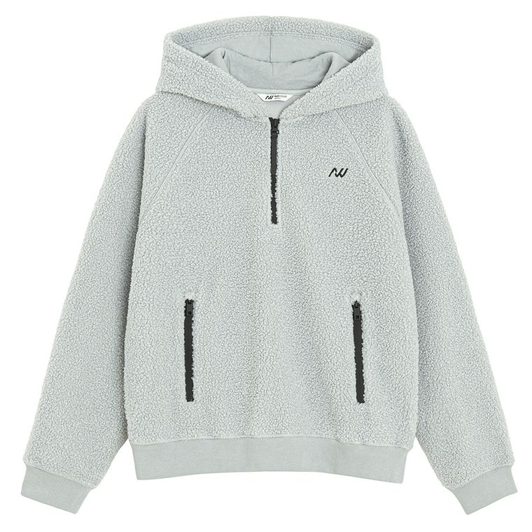 Szara bluza sherpa z kapturem oversize NOWEAR