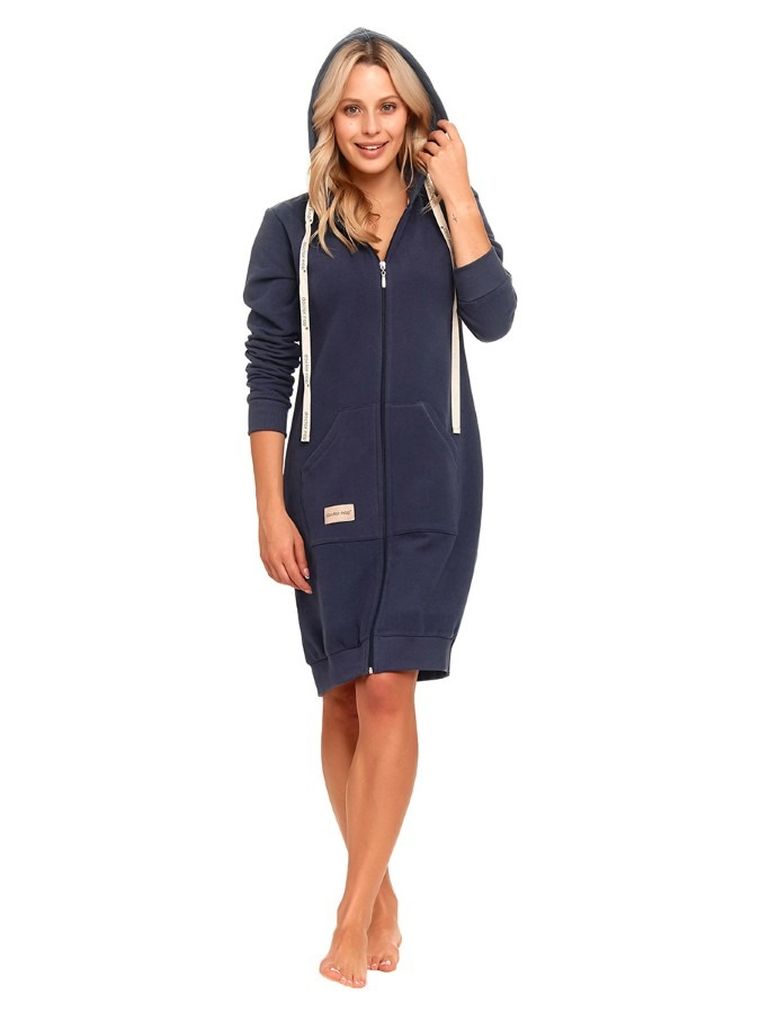 Szlafrok damski z kapturem, granatowy, Doctor Nap