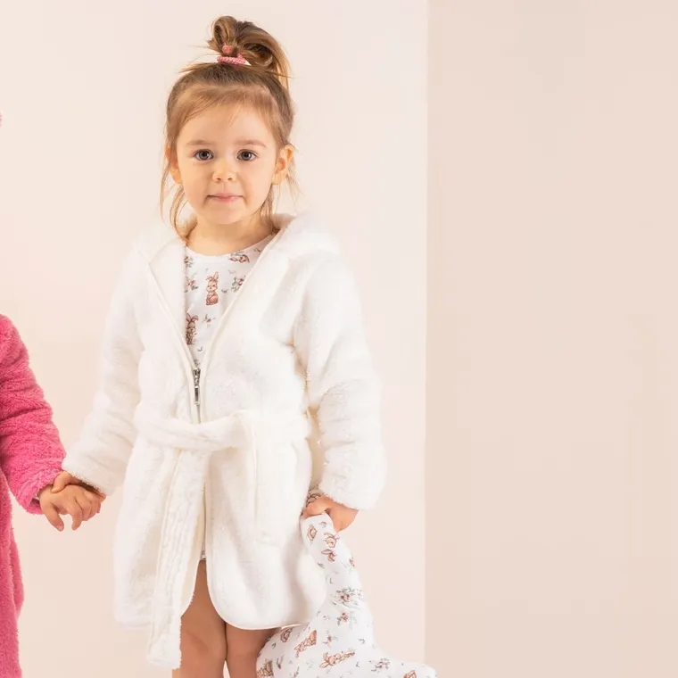 Szlafrok dziecięcy z kapturem, zapinany, ecru, Nicol