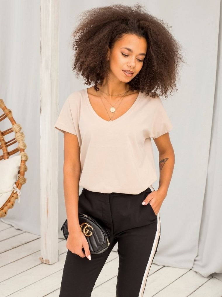 T-shirt damski, beżowy, Basic Feel Good