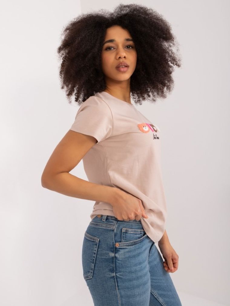 T-shirt damski, beżowy, Basic Feel Good