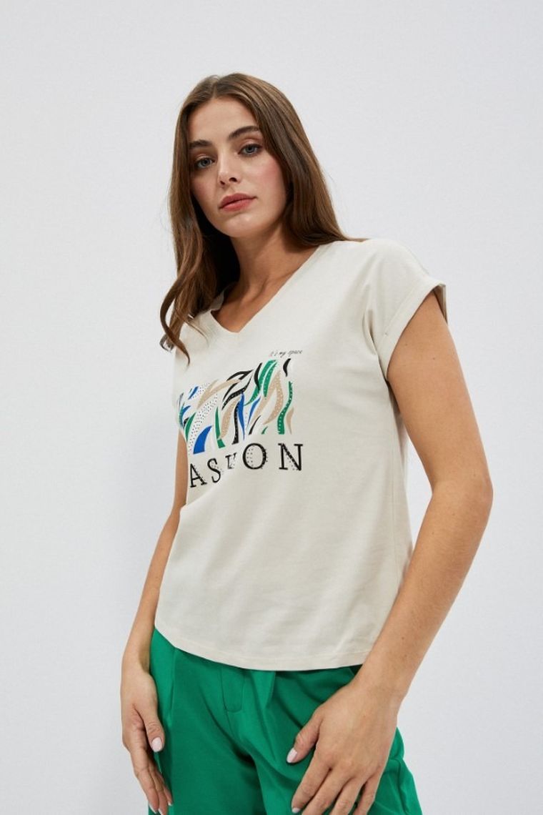 T-shirt damski, beżowy, Moodo