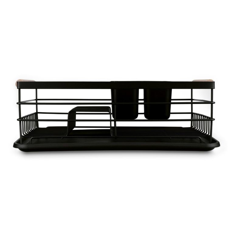 Tadar, suszarka do naczyń z ociekaczem i tacą, czarna, drewniane uchwyty, 43-32-15 cm