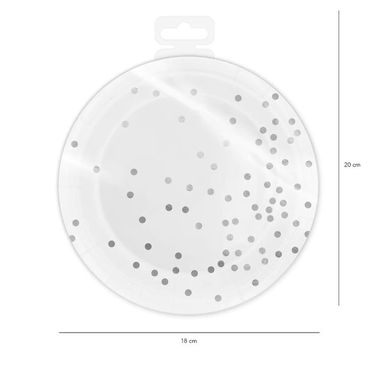 Talerzyki białe, srebrne kropki, 6 szt.