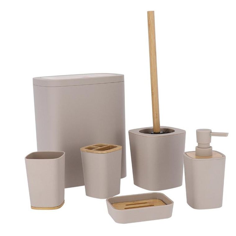 Tendance, beżowy dozownik do mydła z bambusowymi elemetami, Calma, 380 ml