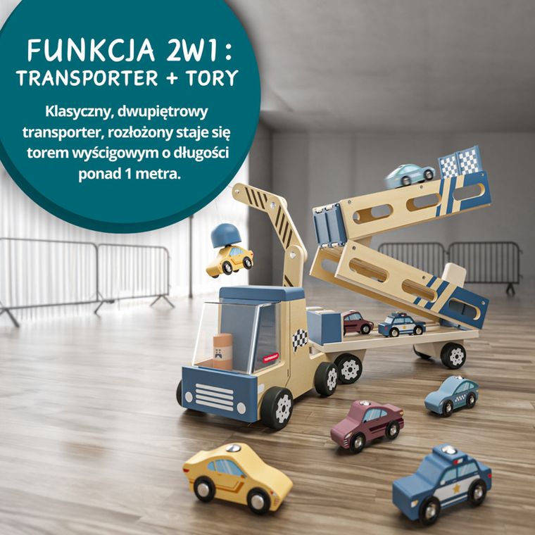 Topbright, transporter samochodów i tor wyścigowy 2w1, pojazd drewniany