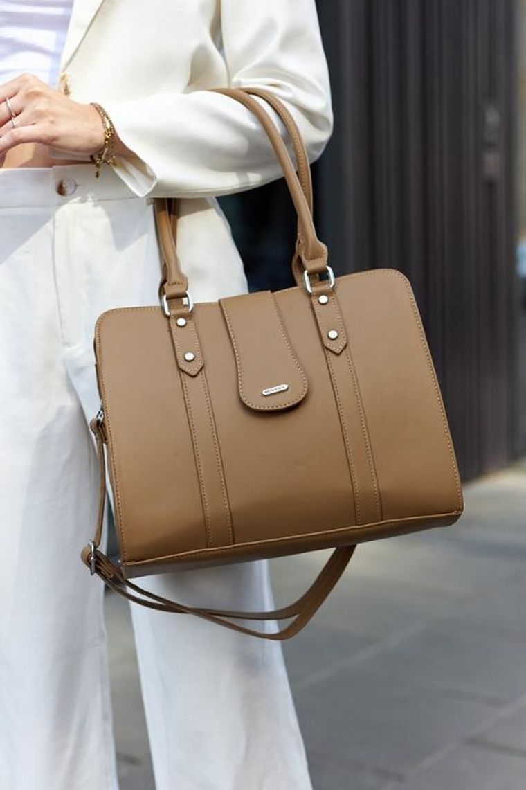 Torebka shopper, jasnobrązowa, skóra ekologiczna, Rovicky