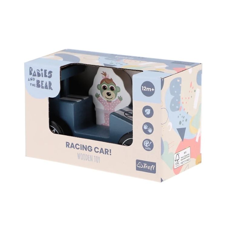 Trefl, Bobaski i Miś, Racing car, drewniany pojazd wyścigowy, Blue