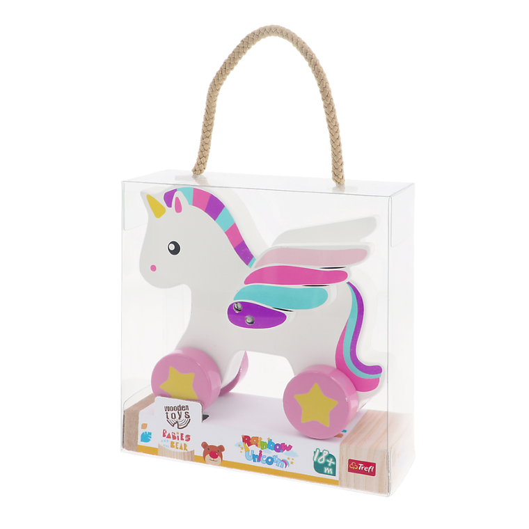 Trefl, Bobaski i Miś, Rainbow Unicorn, zabawka drewniana do ciągnięcia