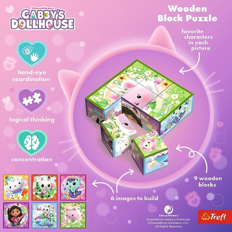 Trefl, Koci Domek Gabi, drewniana układanka klockowa, 9 elementów