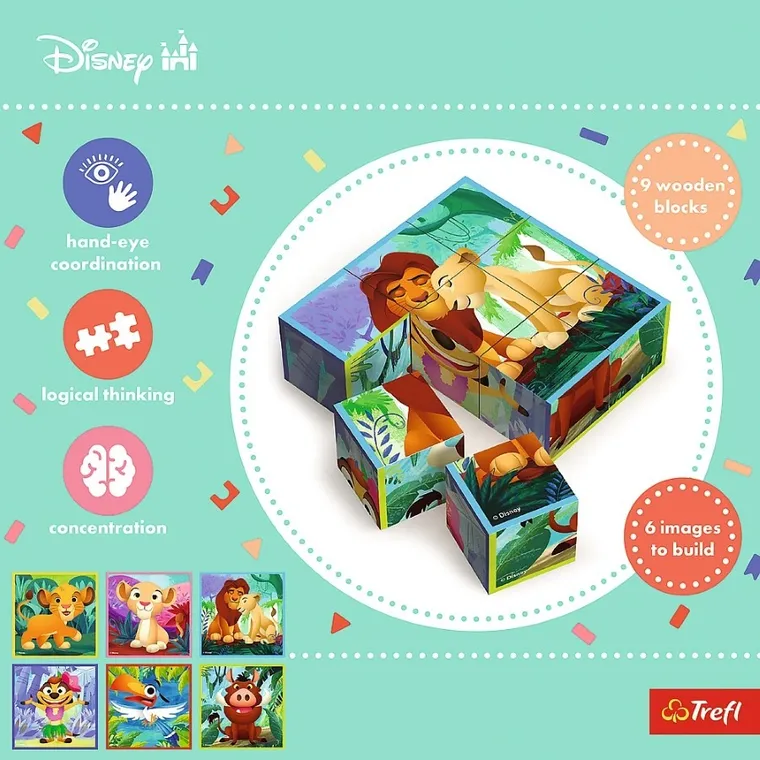 Trefl, Król Lew, drewniana układanka klocklowa, 9 elementów