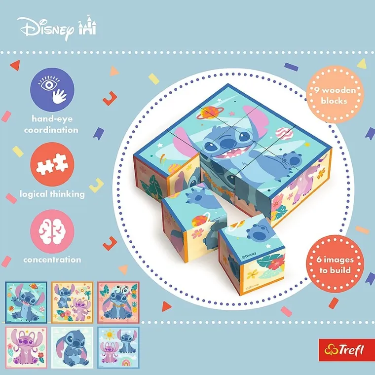 Trefl, Lilo i Stitch, drewniana układanka klockowa, 9 elementów