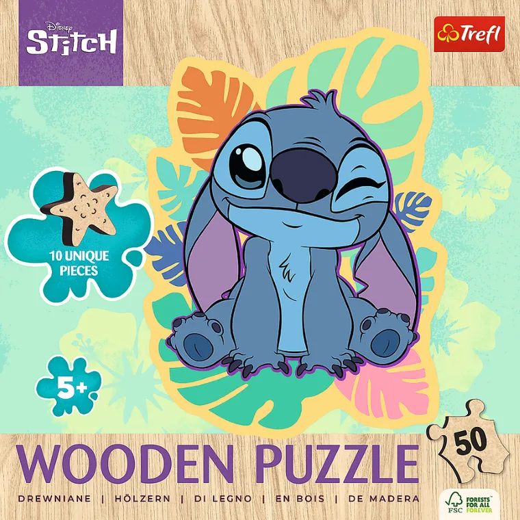 Trefl, Lilo i Stitch, Wesoły Stitch, drewniane puzzle konturowe, 50 elementów