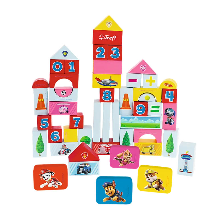 Trefl, Psi Patrol, klocki drewniane, cyferki, 54 elementy