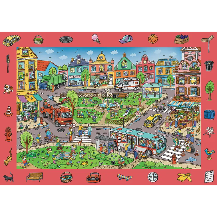 Trefl, Rodzina Treflików, Spy Guy, Wesołe miasteczko + Miasto, puzzle obserwacyjne, 2-100 elementów, zestaw promocyjny