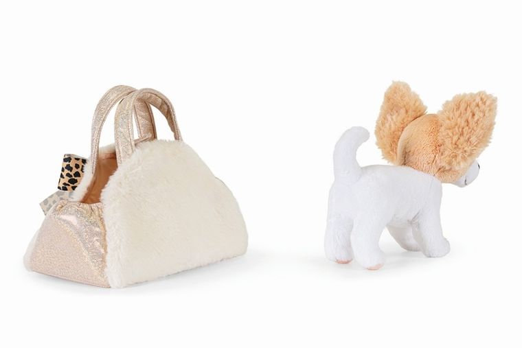 Trudi, pies w beżowej torebce, maskotka