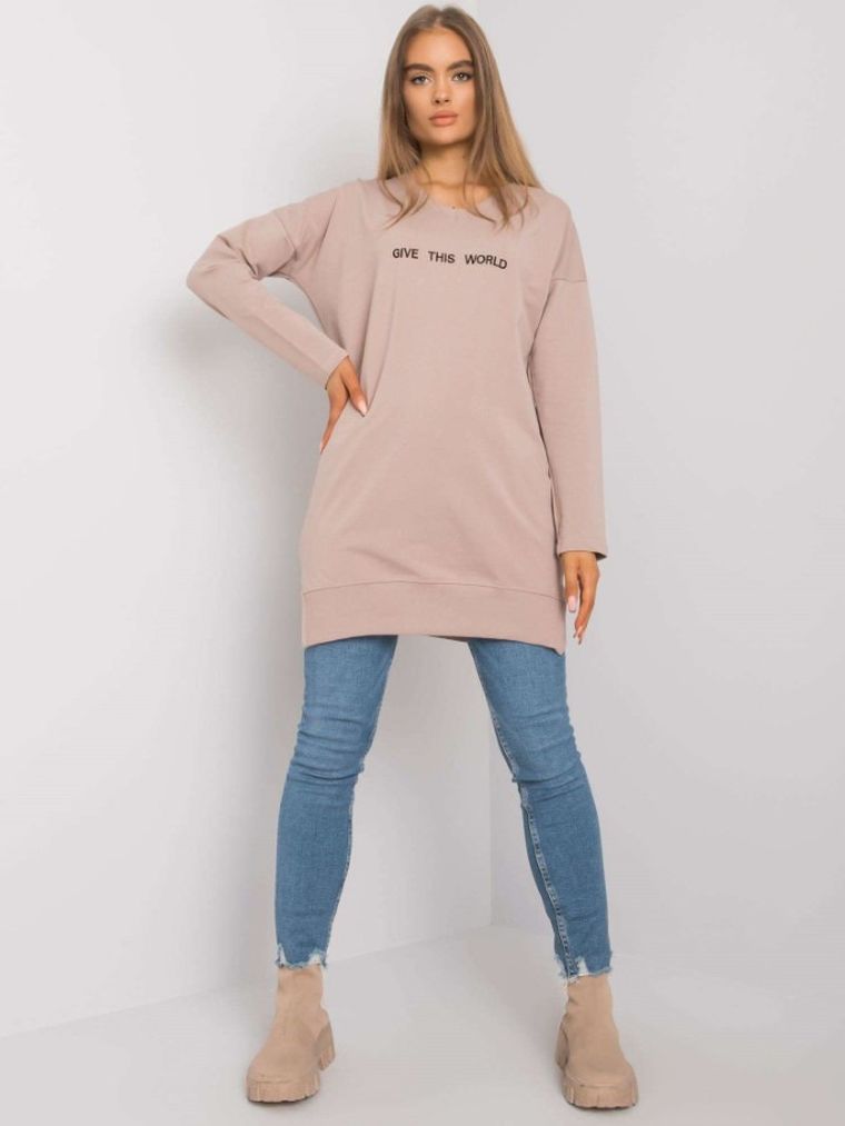 Tunika damska z długim rękawem, beżowa, Rue Paris