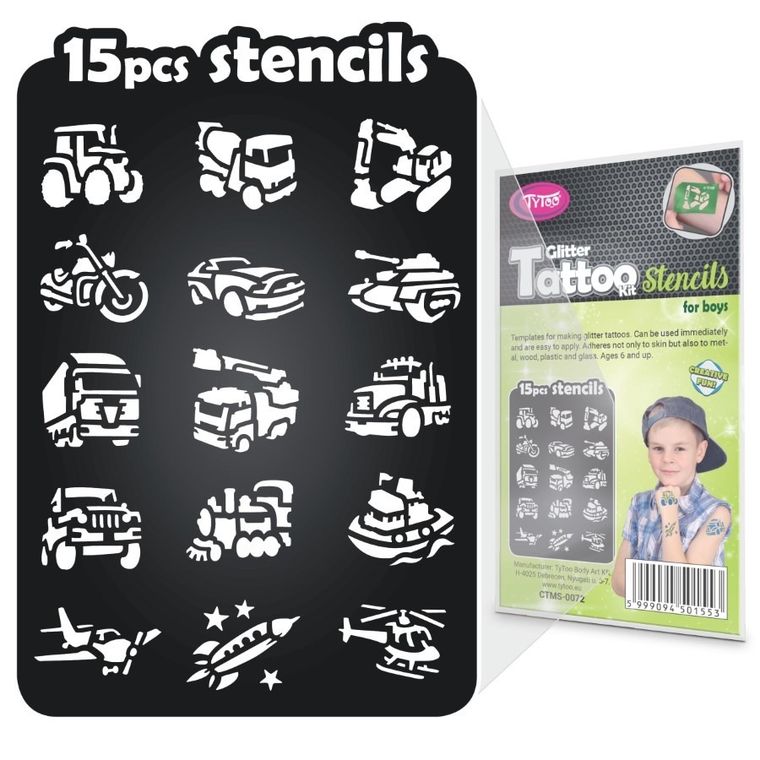 TyToo, zestaw szablonów do tatuaży, pojazdy, 15 elementów