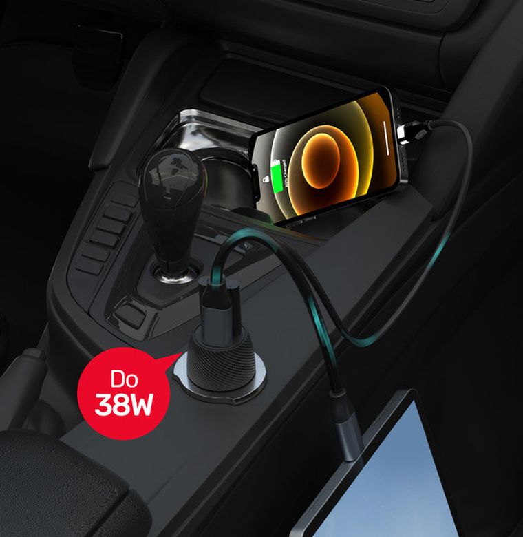 Unitek, ładowarka samochodowa, 38w, USB-A USB-C, Qc3.0, P1400a