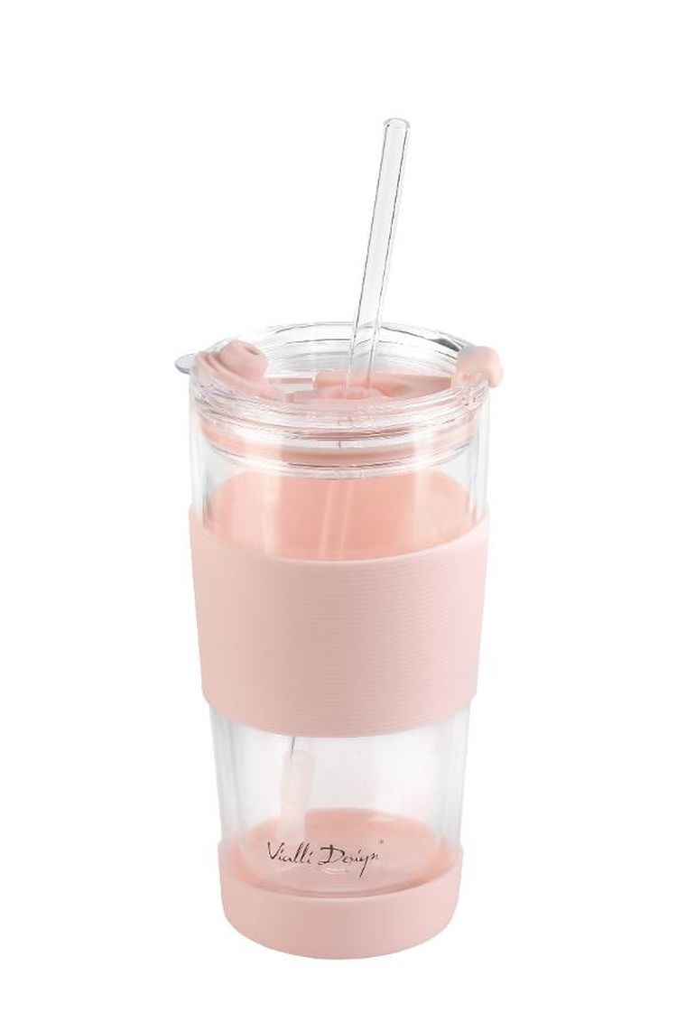 Vialli Design, kubek termiczny szklany ze słomką, 600 ml, różowy Fuori