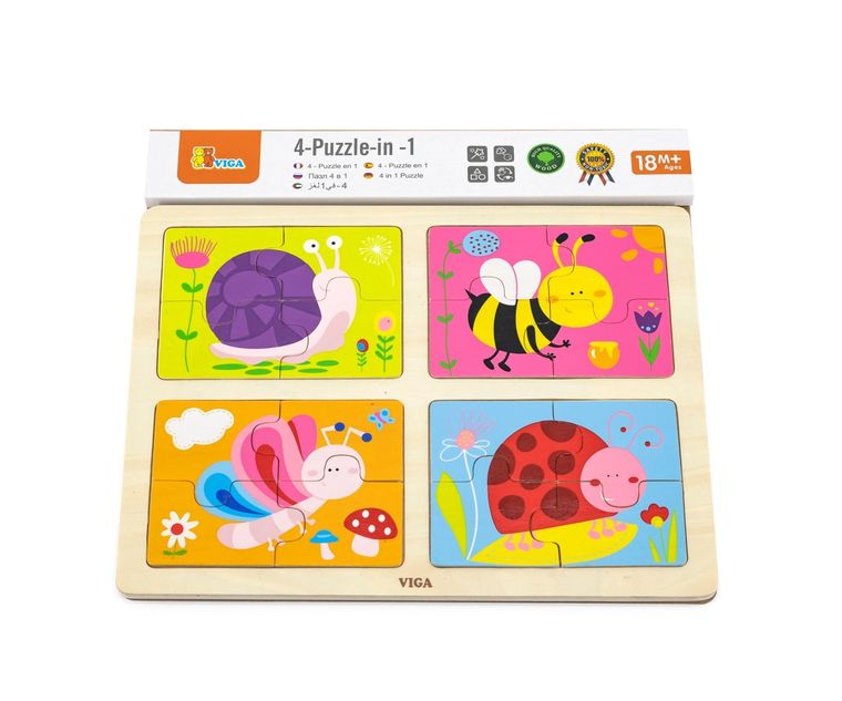 Viga, owady, puzzle drewniane na podkładce, 4w1, 16 elementów