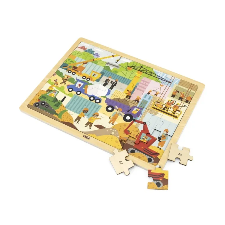 Viga, Poznajemy maszyny budowlane, drewniane puzzle na podkładce, 48 elementów