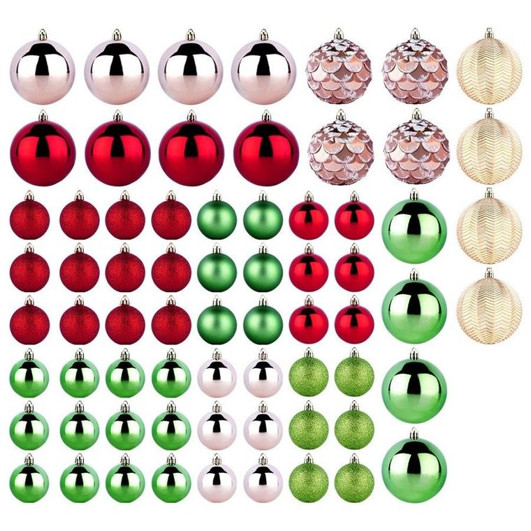 Vilde, bombki choinkowe, nietłukące, czerwone, różowe, złote, zielone, 8 cm, 5 cm, 68 szt.