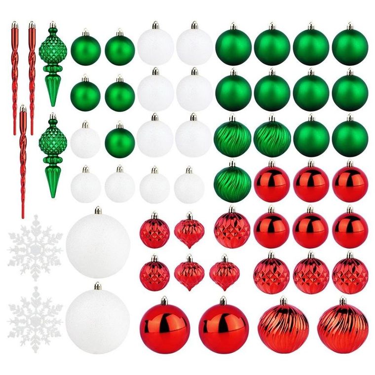 Vilde, bombki choinkowe nietłukące, czerwone, zielone, białe, 57 szt.