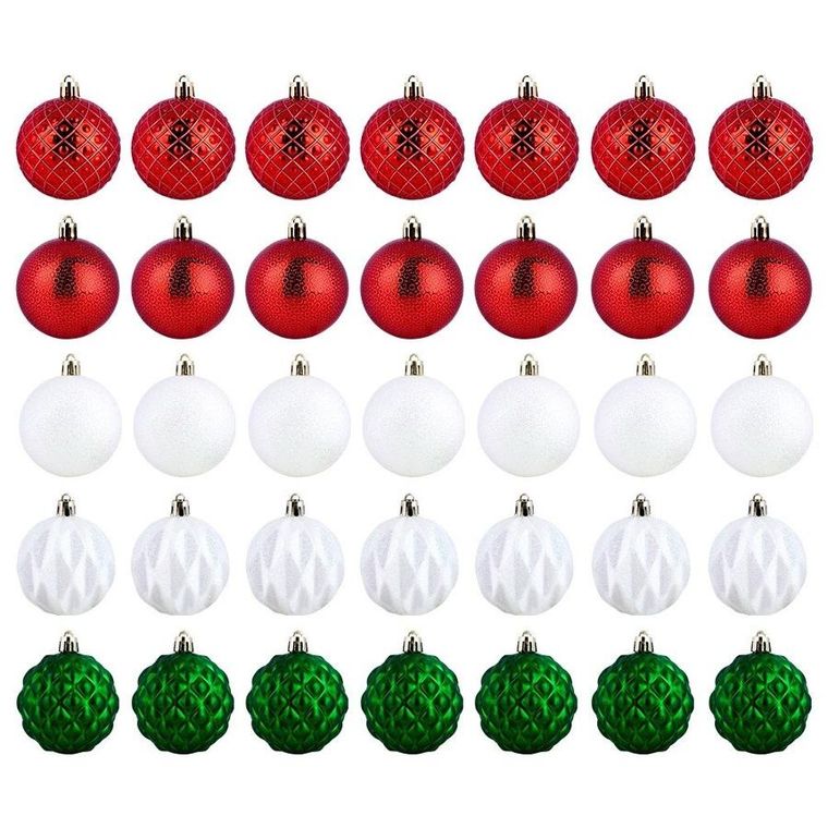Vilde, bombki choinkowe nietłukące, czerwone, zielone, białe, 6 cm, 35 szt.