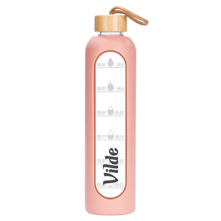 Vilde, butelka na wodę, szklana z silikonowym pokrowcem, łososiowa, 1l