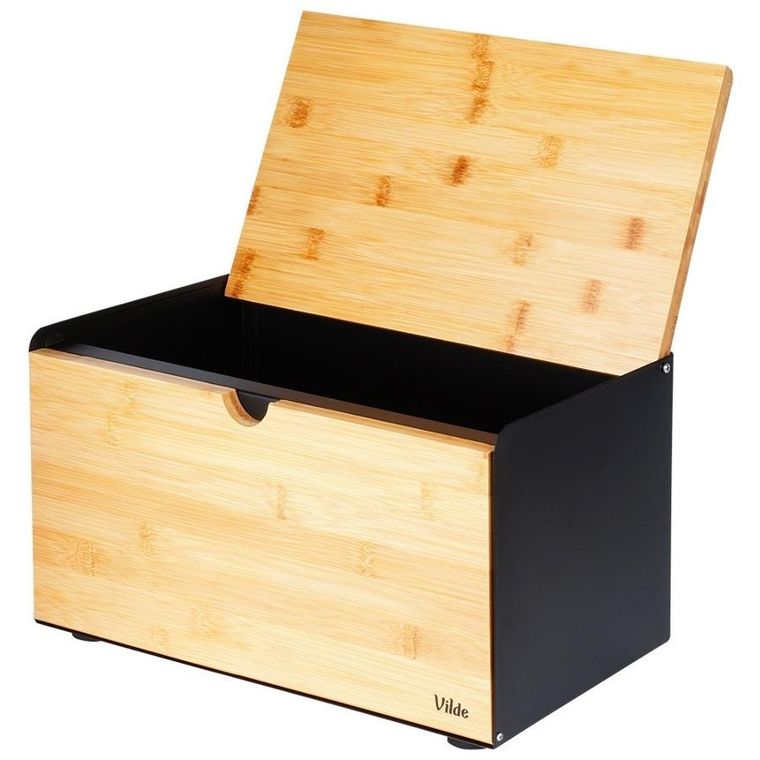 Vilde, chlebak drewniano-metalowy, podwójna pokrywa, czarny, 35,5-22-20,5 cm