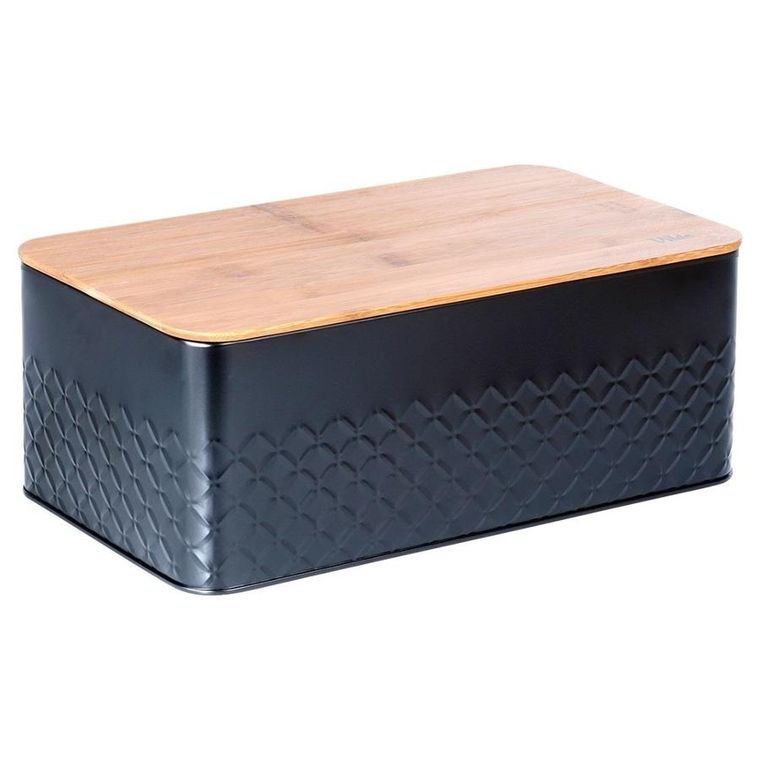 Vilde, chlebak metalowy z deską drewnianą, czarny, 33,5-18,5-12,5 cm