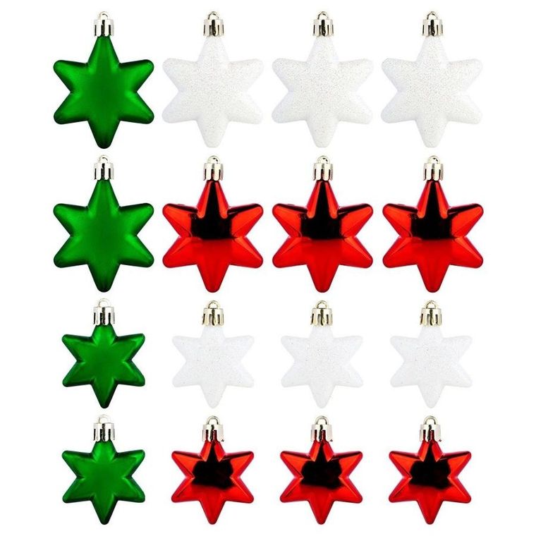 Vilde, Gwiazdki, bombki choinkowe nietłukące, czerwone, zielone, białe, 6/5 cm, 16 szt.