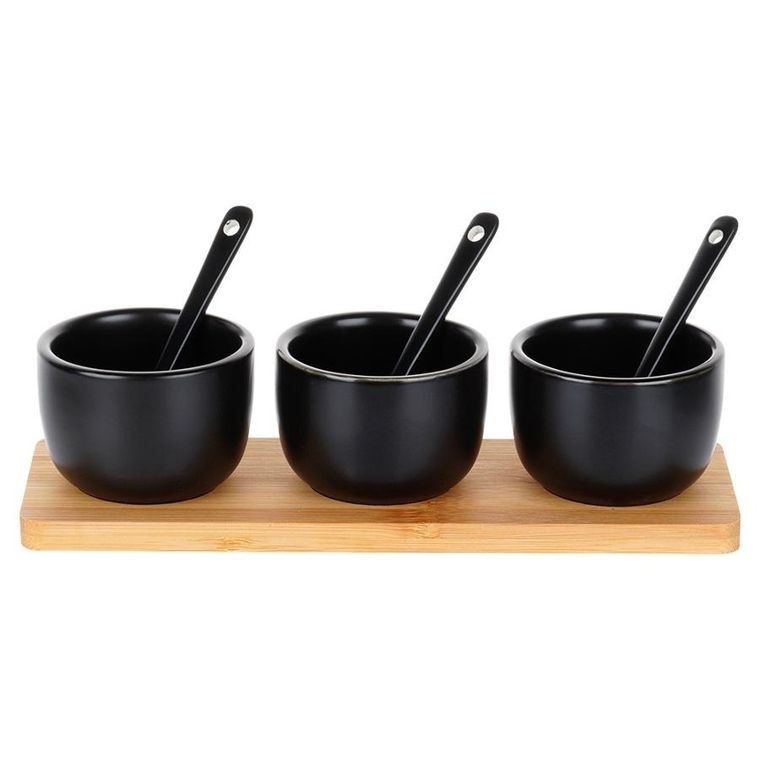 Vilde, miseczki na przekąski z łyżeczkami ceramiczne, czarne, 90 ml, 7 el.