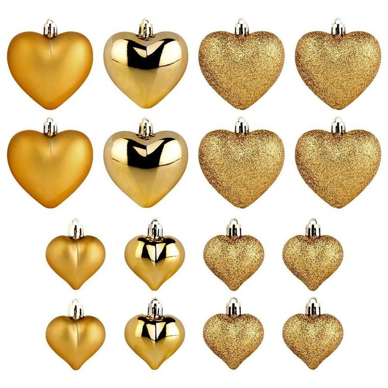 Vilde, Serduszka, bombki choinkowe nietłukące, serduszka, złote, 6,5/4,5 cm, 16 szt.