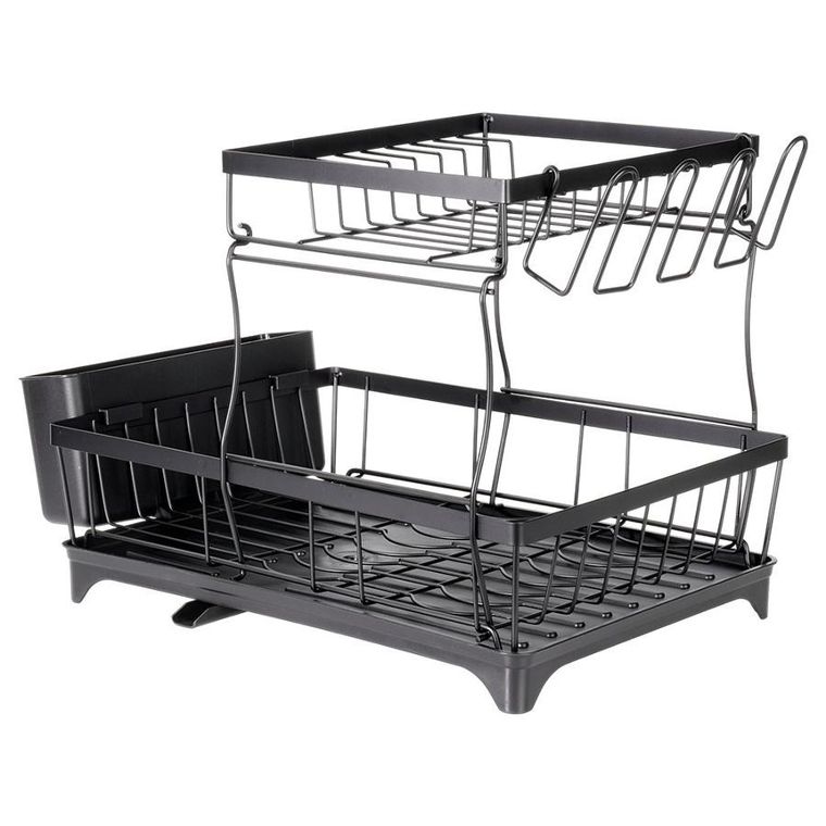 Vilde, suszarka na naczynia, metalowa, czarna, 2-poziomowa, 49,5-30-34 cm