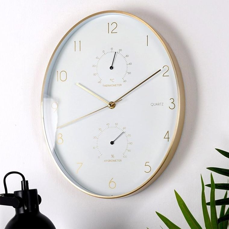 Vilde, zegar ścienny biały złoty, z termometrem higrometrem, 27-34.5 cm
