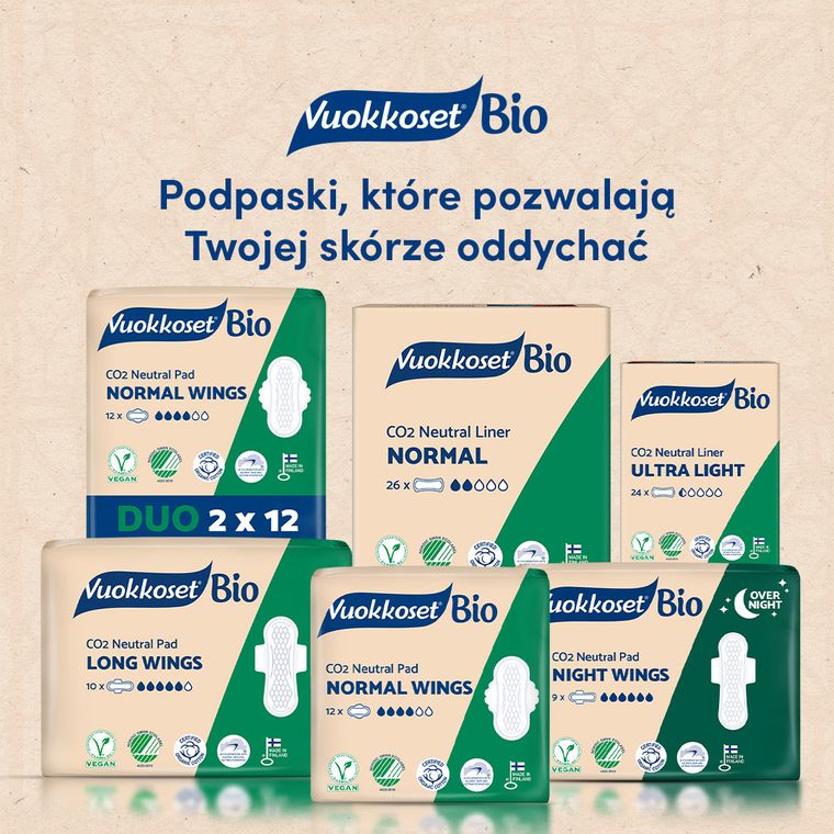 Vuokkoset, 100% BIO, podpaski ze skrzydełkami, normal, 12 szt.
