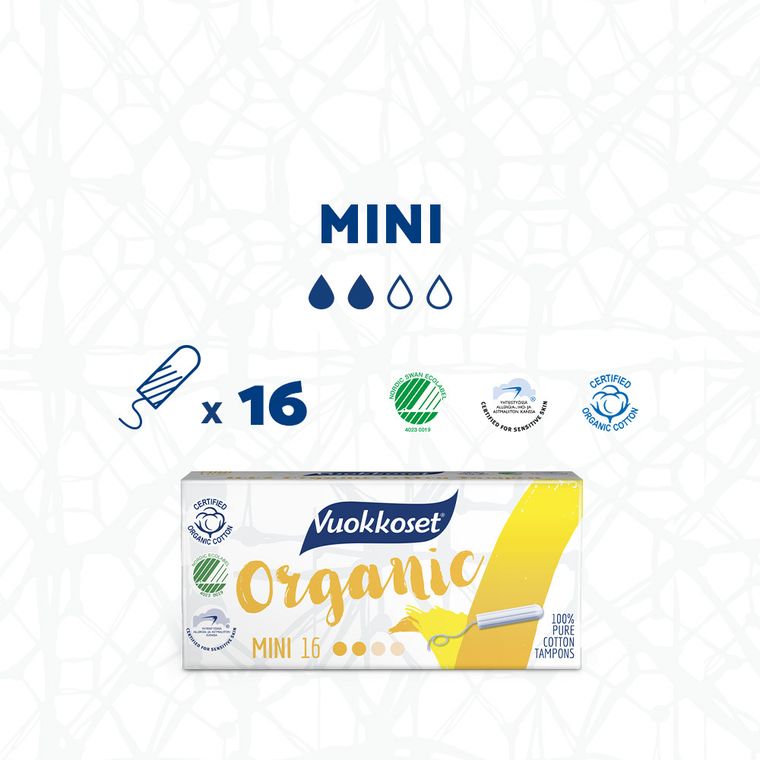 Vuokkoset, 100% BIO, tampony mini, 16 szt.