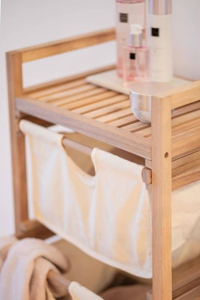 Wenko, Acina, szafka łazienkowa z trzema materiałowymi pojemnikami, drewno akacjowe