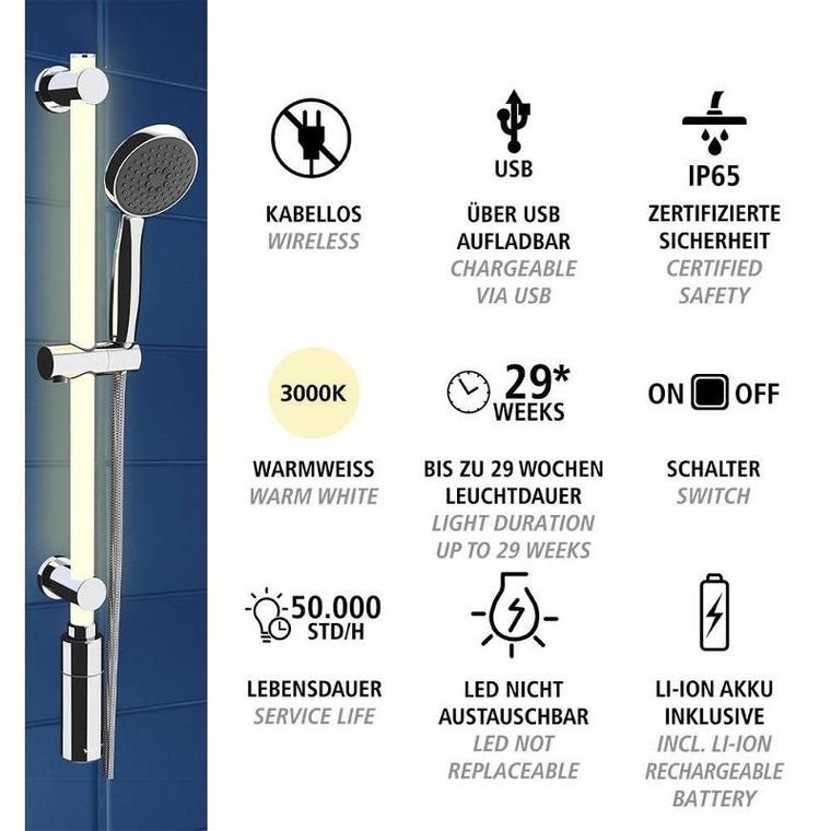 Wenko, drążek prysznicowy LED 74 cm, ciepła biel