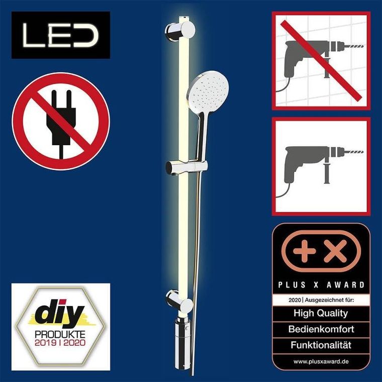 Wenko, drążek prysznicowy LED 94 cm, ciepła biel, słuchawka i wąż prysznicowy
