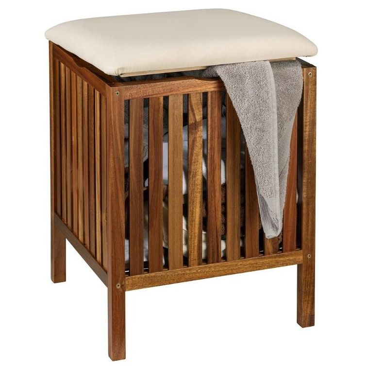 Wenko, Fondi, drewniane siedzisko łazienkowe z koszem, 52 cm