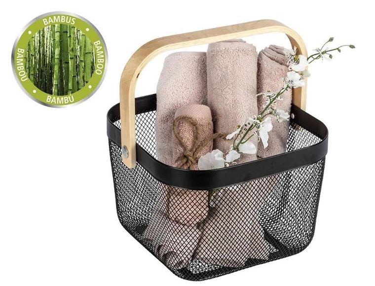 Wenko, koszyk metalowy na kosmetyki, z bambusową rączką